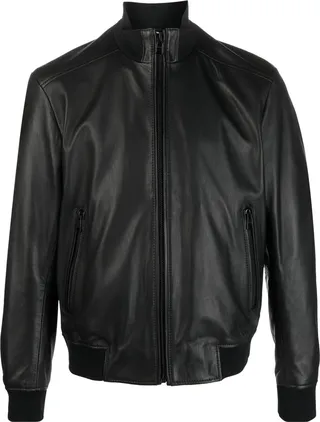 High-Neck Leather Bomber Jacket