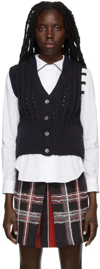 Thom Browne Navy Cable Knit 4-Bar Cardigan