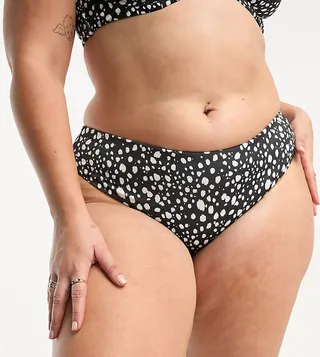 ASOS DESIGN Curve mix and match deep v front hipster bikini bottom in mono dot print