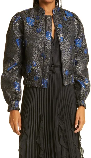 Ruth Metallic Floral Brocade Bomber Jacket
