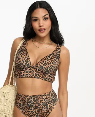 ASOS DESIGN Fuller Bust mix and match rib deep band ruched crop bikini top in leopard print