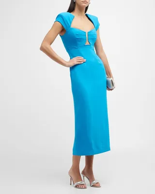 Plunging Cutout Strong-Shoulder Cady Midi Dress