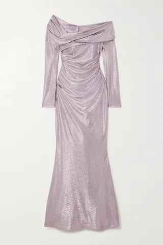 Talbot Runhof - Off-the-shoulder Draped Metallic Woven Gown - Purple