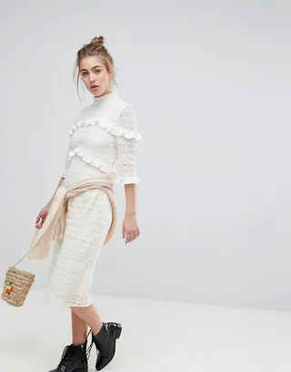 Moon River Lace Ruffle Midi Dress