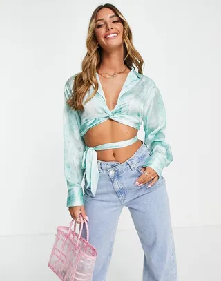 Topshop tie dye twist front satin blouse in green