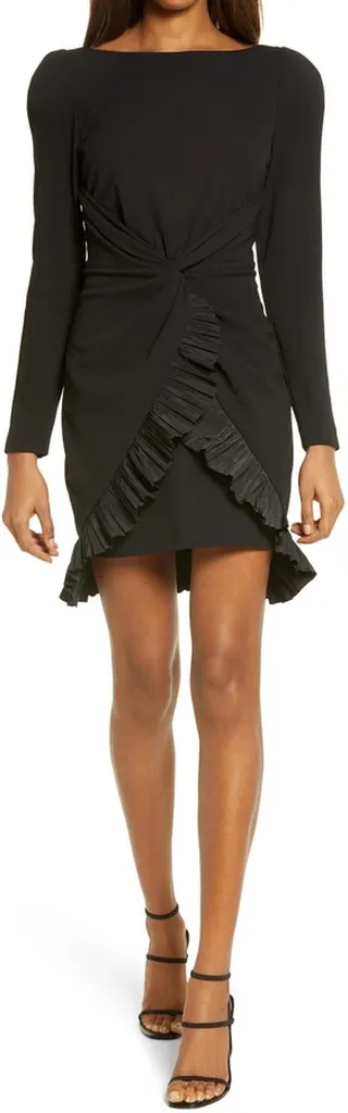 Pleated Ruffle Long Sleeve Cocktail Dress