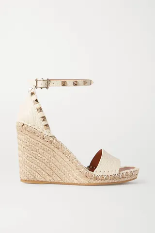 Valentino Garavani - Rockstud 105 Textured-leather Espadrille Wedge Sandals - Off-white