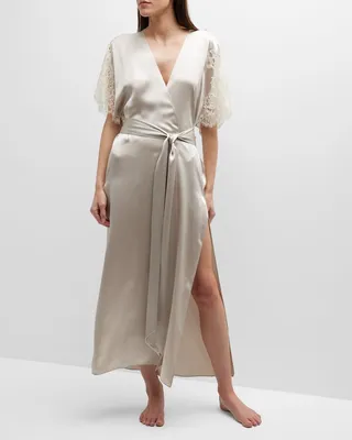 Venus Long Lace-Sleeve Silk Robe