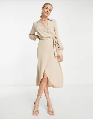 ASOS DESIGN collared wrap midi dress with tie belt in stone