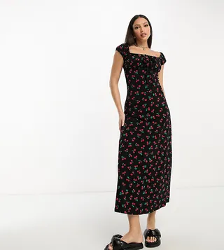 ASOS DESIGN Tall cap sleeve ruched midi tea dress in black cherry print