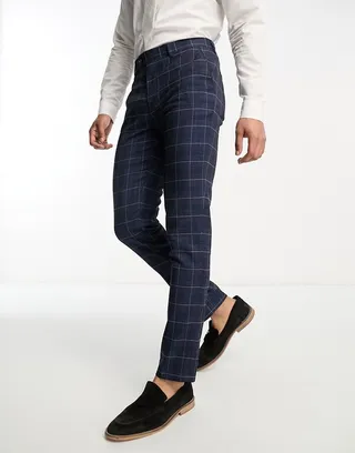 Gianni Feraud skinny suit pants in blue windowpane check