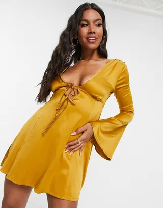 ASOS DESIGN tie front fit and flare mini skate dress in gold