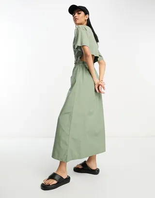 ASOS DESIGN 2 in 1 t-shirt with midi cargo skirt and contrast stitch in khaki