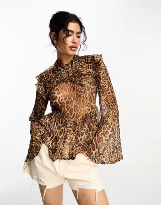 ASOS DESIGN long sleeve blouse with drape twist neck in animal print