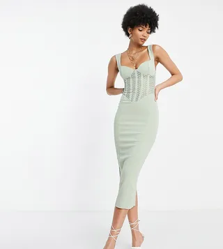 ASOS DESIGN Tall lace insert corset midi dress in dusty sage