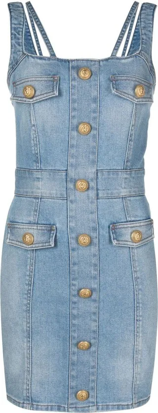 Blue Button-Embellished Denim Mini Dress