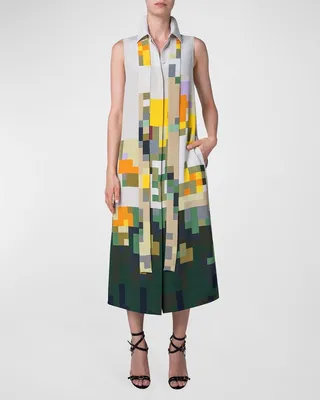Pixel Flower-Print Neck-Tie Crepe Midi Shirtdress