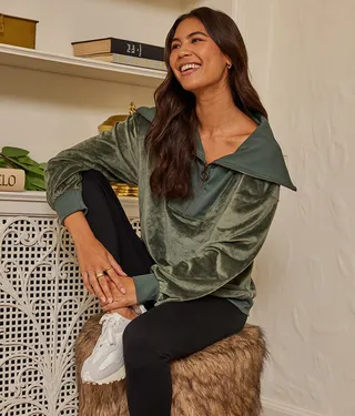 The Plush Velour Half-Zip Pullover - Olive