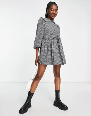 Miss Selfridge collared button through mini dress in gingham