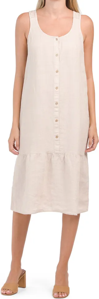 Linen Button Front Flounce Midi Dress
