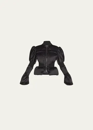 Puff-Sleeve Peplum Padded Bomber Jacket