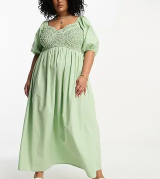 ASOS DESIGN Curve cotton shirred corset midi dress in sage green