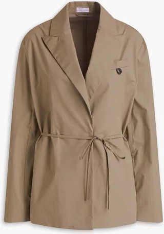 Bead-embellished belted stretch-cotton poplin blazer
