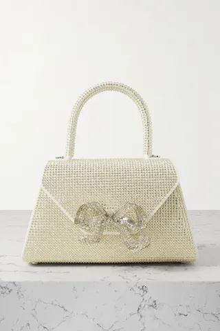 Self-Portrait - Bow-detailed Embellished Suede Shoulder Bag - Neutrals