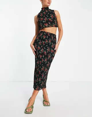 ASOS DESIGN satin plisse midi skirt in rose floral print - part of a set
