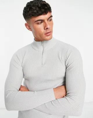 ASOS DESIGN lightweight rib sweater with half zip in gray