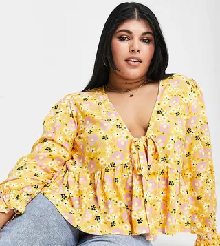 ASOS DESIGN Curve long sleeve tie front shirred cuff blouse in orange