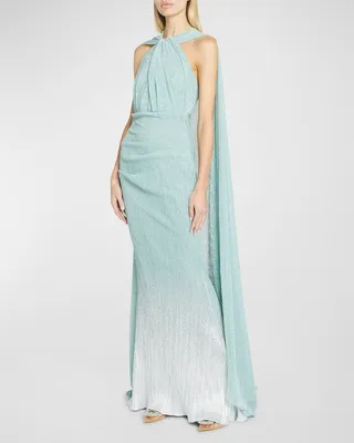 Metallic Ombre Twisted Halter Cape Gown