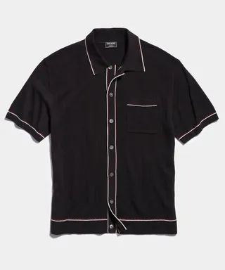 Cotton Silk Short Sleeve Full Placket Riviera Polo in Black