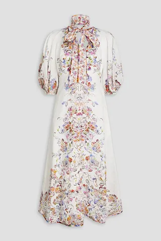 Pussy-bow floral-print linen midi dress