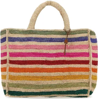 Shopping bag realized in woven raffia characterized by striped embroidery on the entire surface enriched by detachable logoed detail.