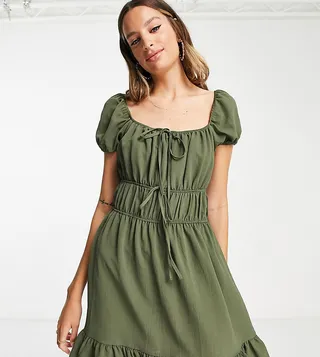 ASOS DESIGN Tall tie front short sleeve mini tea dress in khaki