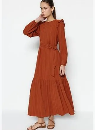 Cinnamon Belt With Frill Shoulders on the Shoulders With Frills Flannel Lined Viscose-Mixed Woven Dress TCTSS23EB00290