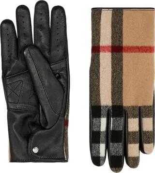 Burberry Leather And Wool Check Gloves