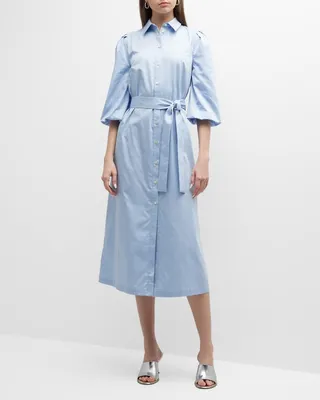 Puff-Sleeve Belted Midi Shirtdress