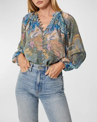 Karan Patchwork Chiffon Button-Front Top