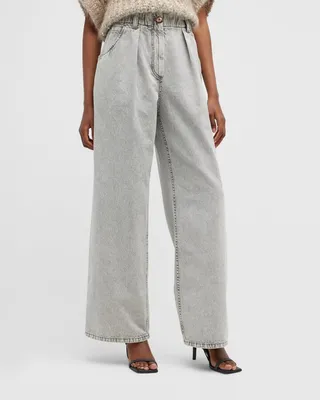 Stone-Washed Pleated Wide-Leg Elastic-Waist Jeans