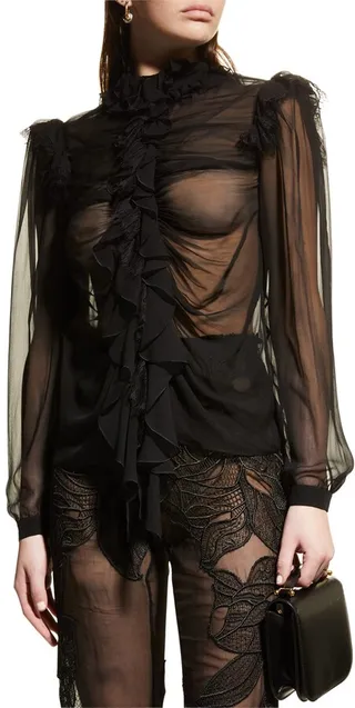 Lace Ruffle Ruched Chiffon Blouse