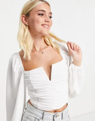ASOS DESIGN v bar volume sleeve top with ruching in white