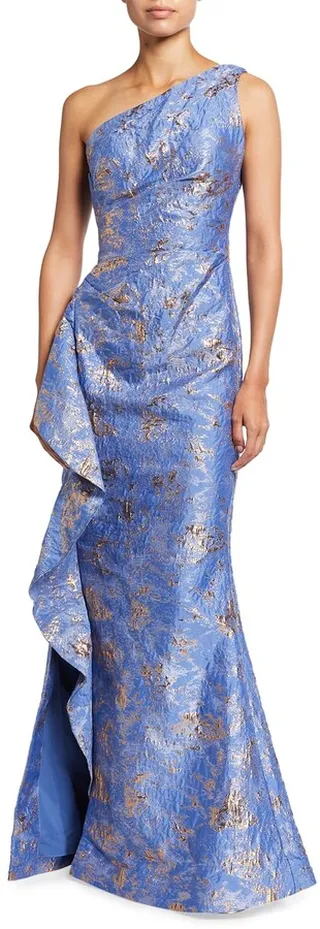 Metallic Jacquard One-Shoulder Side-Ruffle Gown