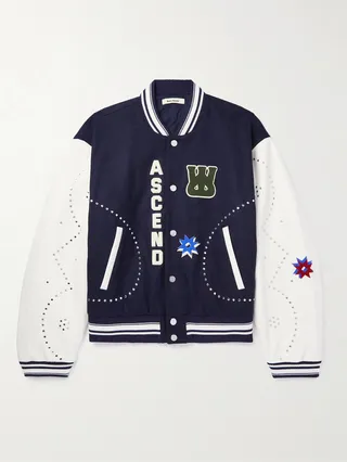 Appliquéd Studded Wool-Blend and Leather Varsity Jacket