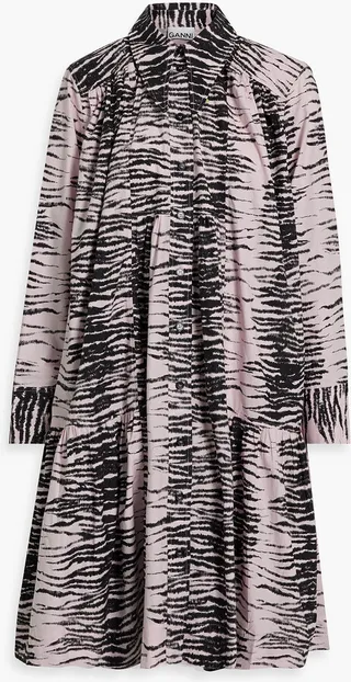 Gathered tiger-print cotton-poplin shirt dress