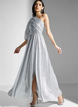 One Shoulder Ruched Shimmer Dress