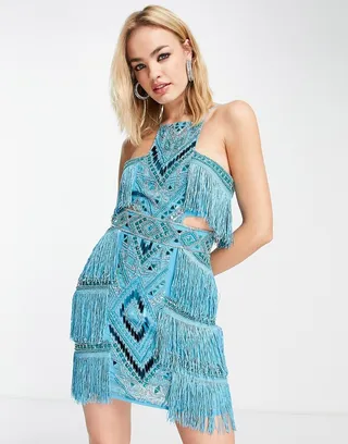 ASOS DESIGN high neck embellished mini dress with fringe in blue