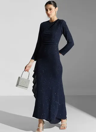 Ruched Detail Shimmer Dress With Ruffle