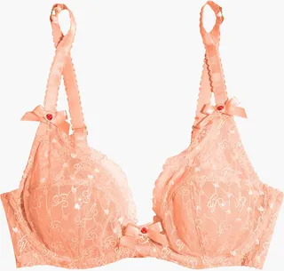 Dorotia bow-embellished Leavers lace-trimmed tulle push-up bra